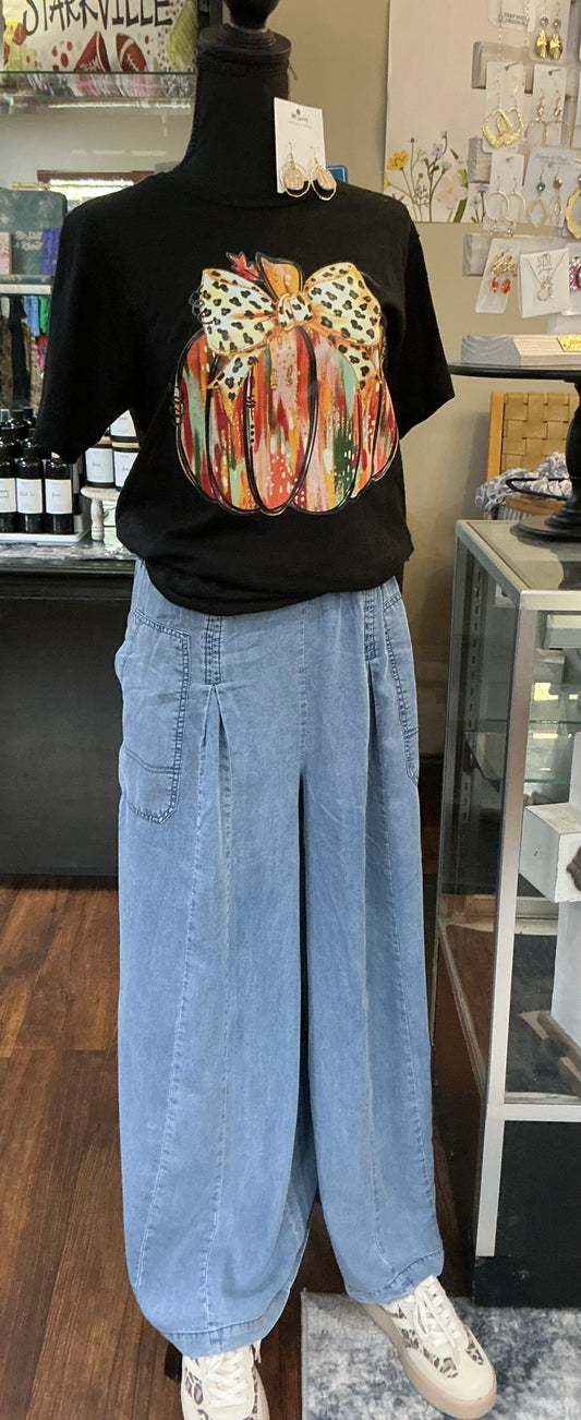 Chambray Elastic Waist Pouch Pocket Wide Leg Culottes