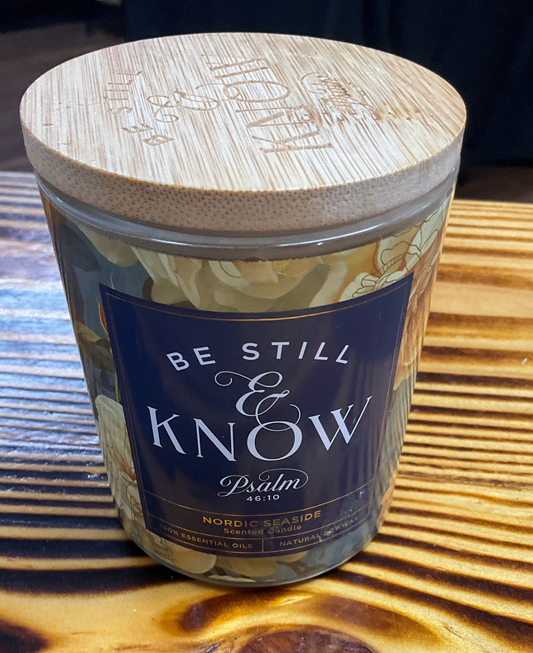 Be Still floral glass candle w/ bamboo lid floral (PS. 46:10)