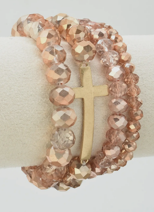 4 piece glass bead cross charm bracelet set