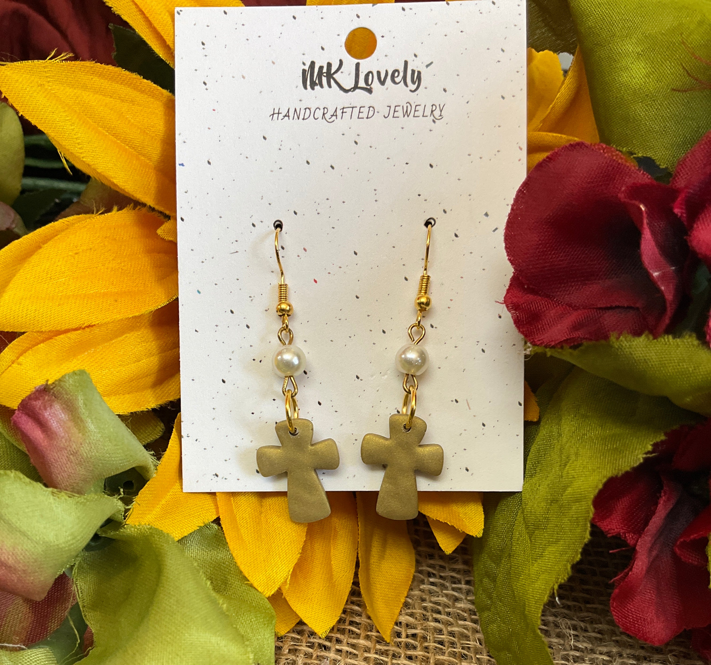 Cross & Pearl hammered clay dangle earrings