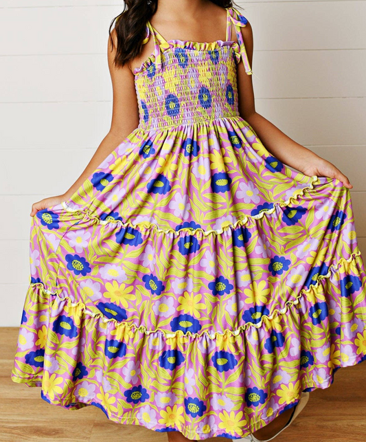 Kids Leilani Lavender Floral Tiered Summer Maxi Dress