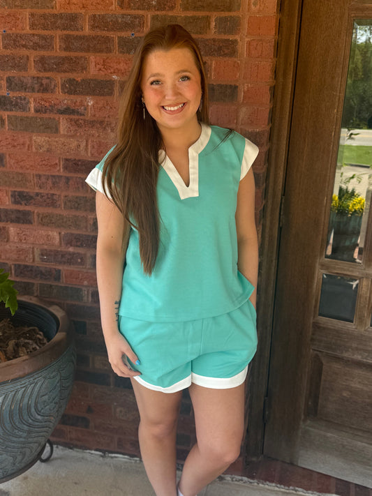 Teal and White Contrast Pique Lounge Set