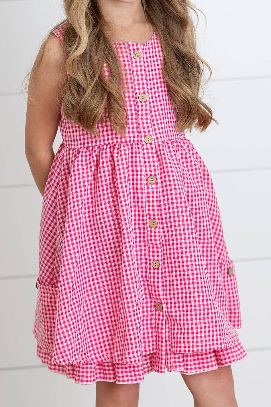 Kids Brooke Hot Pink Gingham Check Pocket Summer Dress