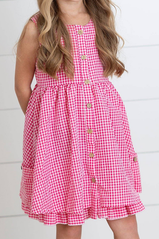 Kids Brooke Hot Pink Gingham Check Pocket Summer Dress