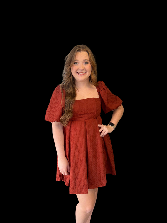 Rust Square Neck Puff Sleeve Dress