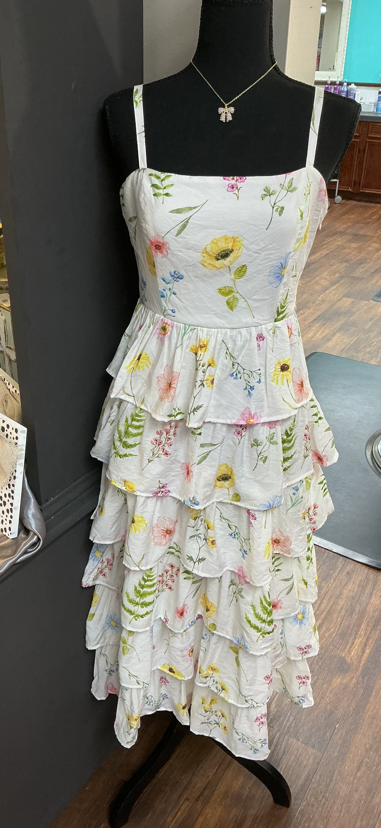 Floral Print Back Smocked Tiered Midi Dress