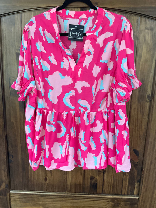 Abstract Puff Sleeve V-Neck Blouse Plus Size