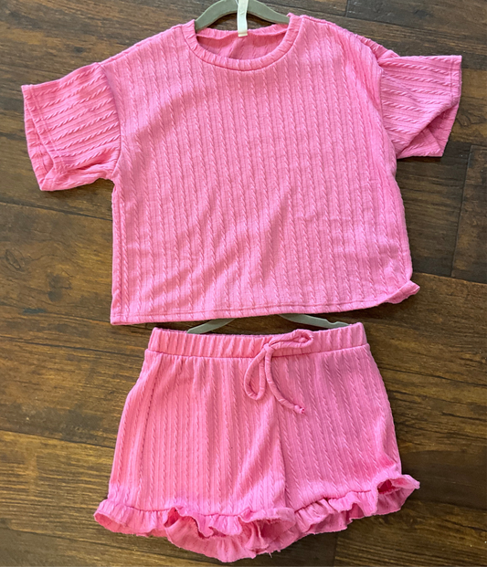 Girls pink ribbed knit ruffle set