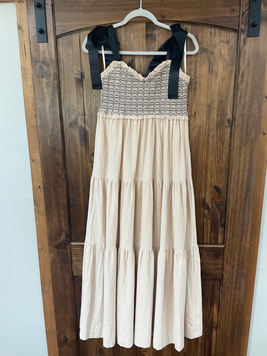 Taupe Satin Tie Smocked Maxi Dress
