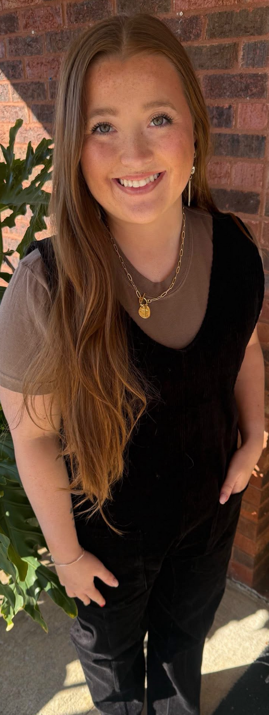 Black Pull-On Style Corduroy Overall Jumpsuit