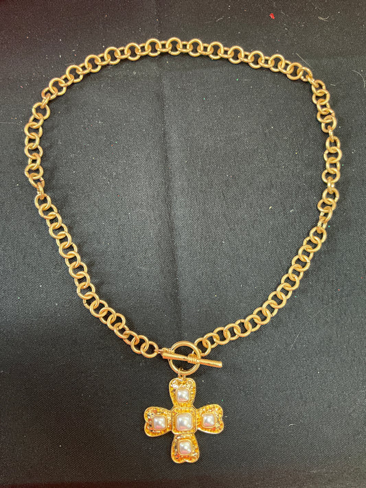Palazzo Pearl & Good Cross Necklace Worn Gold