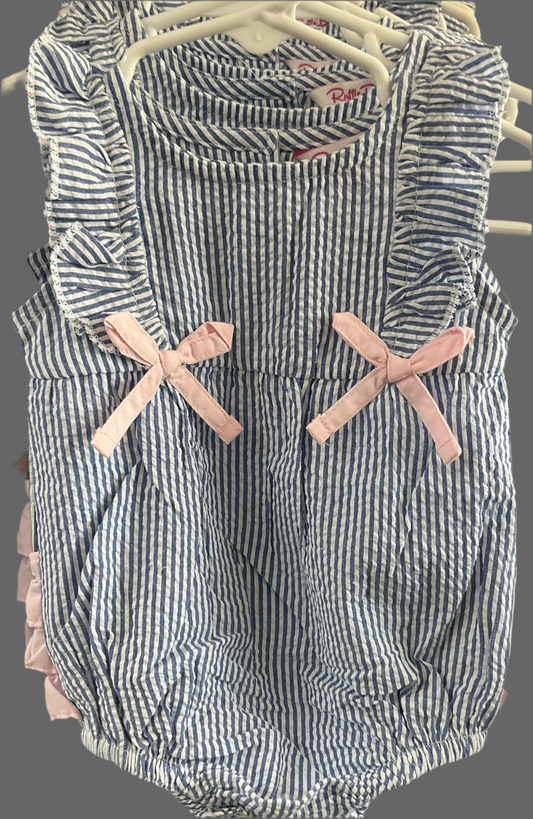 Girls Rufflebutts classic blue seersucker ruffle romper