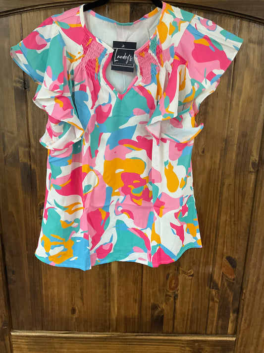 Abstract Flutter Sleeve Blouse