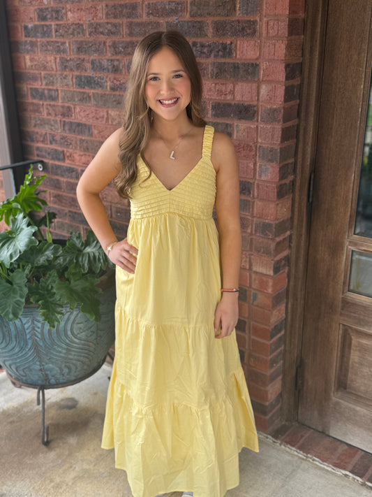 Light yellow sleeveless v-neck poplin woven tiered maxi dress