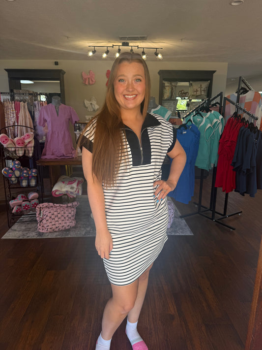 Short Sleeve Half-Zip Striped Mini Dress