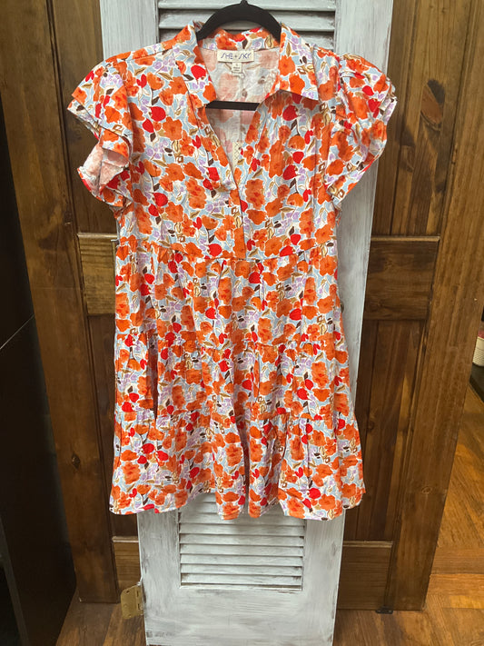 Coral ruffled sleeve woven floral print tiered mini dress