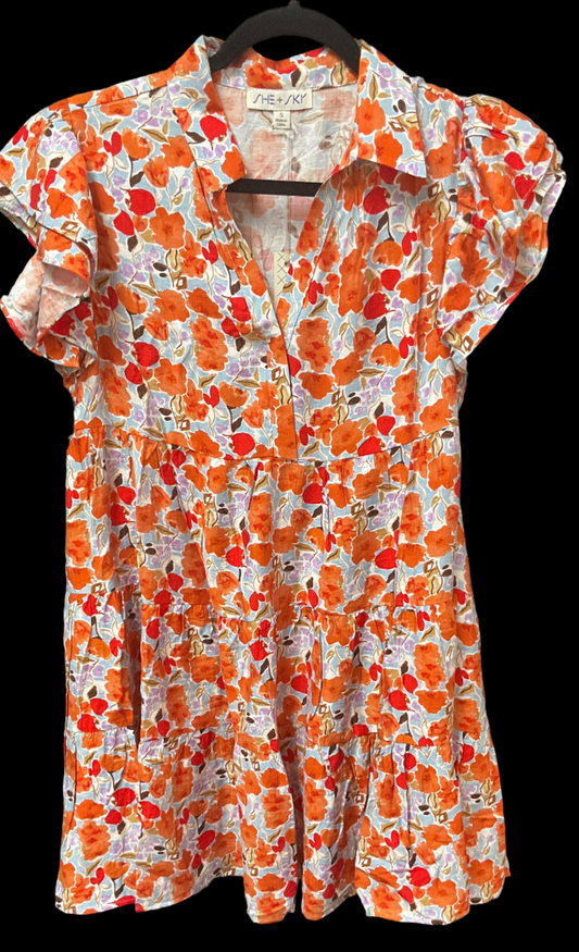 Coral Ruffled Sleeve Woven Floral Print Tiered Mini Dress