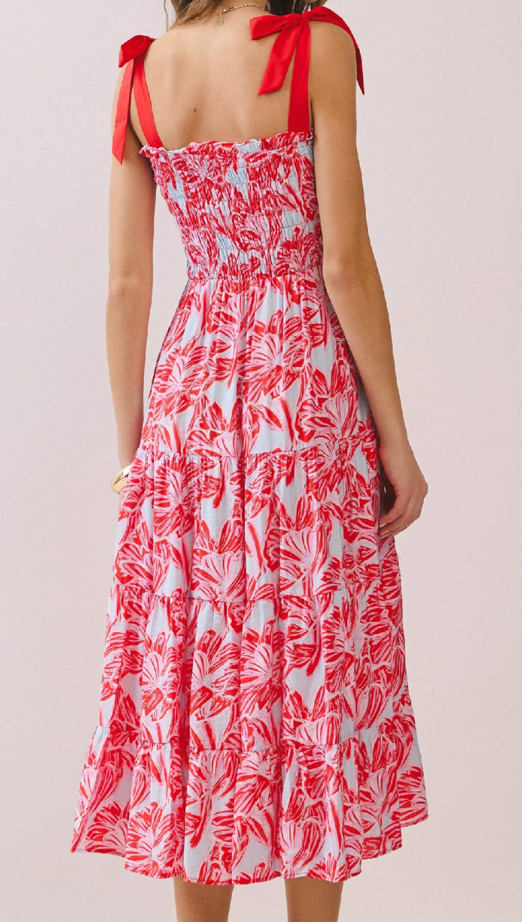 Printed Fully Smocked Bodice Tiered Hem Dress