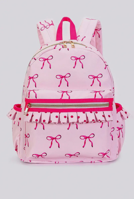 Bow Print Girls Ruffle Backpack