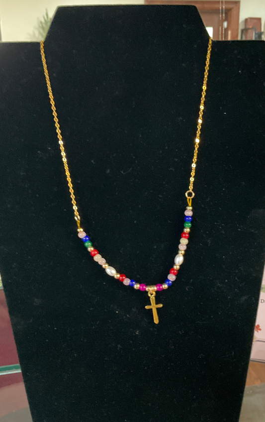 Color bead necklace w/ gold cross dangle