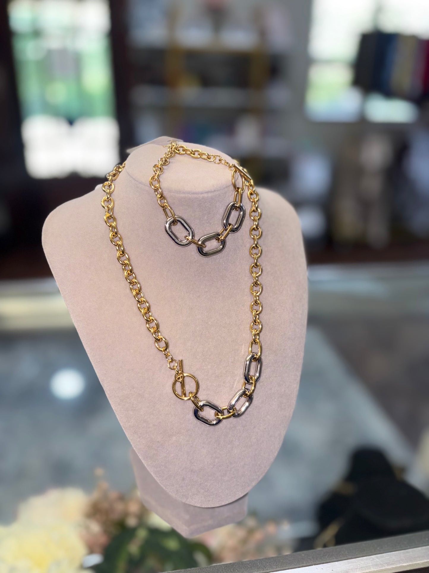 Rivera Two-Tone Link Toggle Necklace18K Gold Plated Non Tarnish