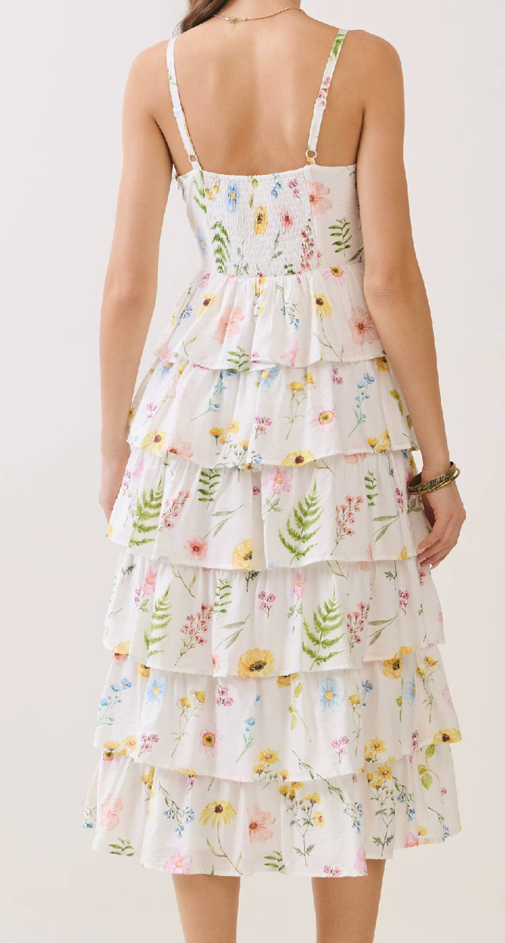 Floral Print Back Smocked Tiered Midi Dress