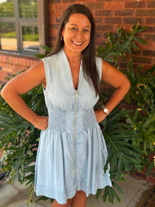 Chambray V-Neck Smocked Waist Zip Front Mini Dress