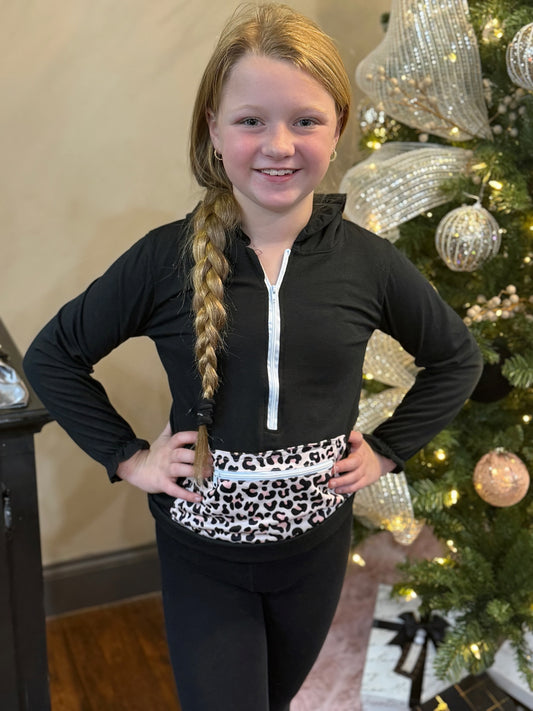 Girl's Black Leopard Half-Zip Hoodie