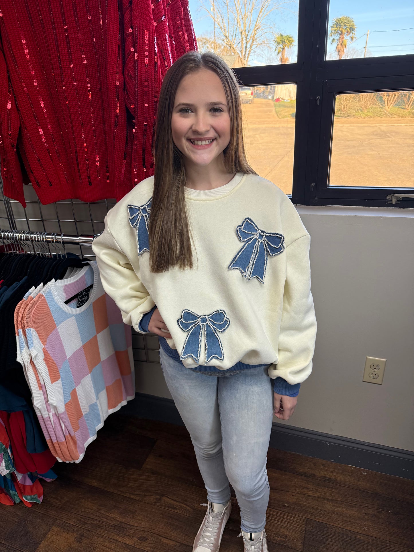 Denim & Pearl Bow Sweatshirt