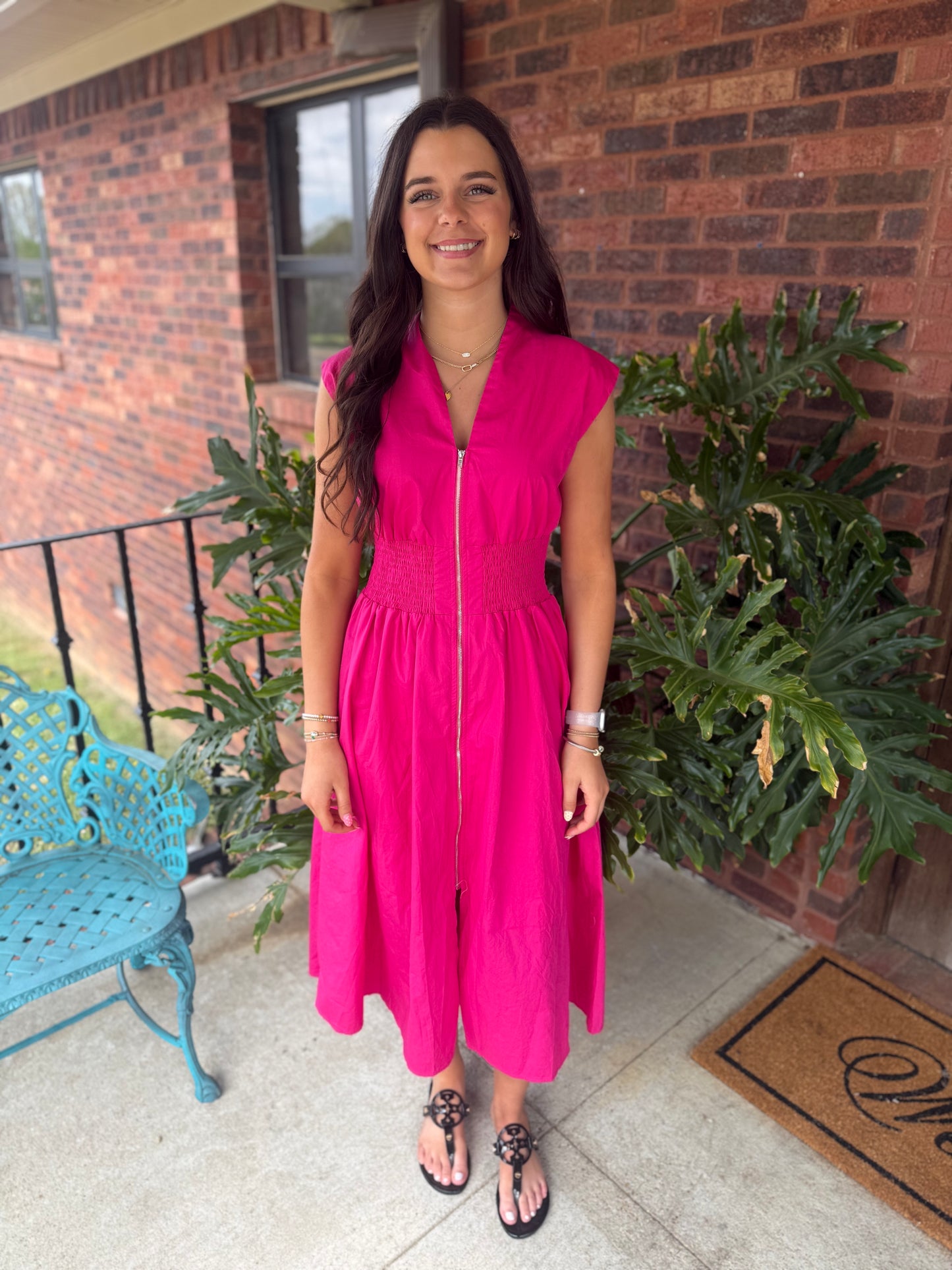 Hot Pink Front Zip Midi Dress