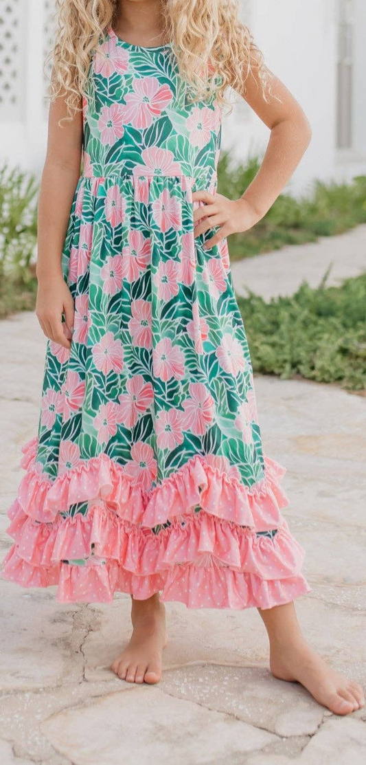Girls 3 Tiered Pink Green Tropical Spring Ruffles Dress