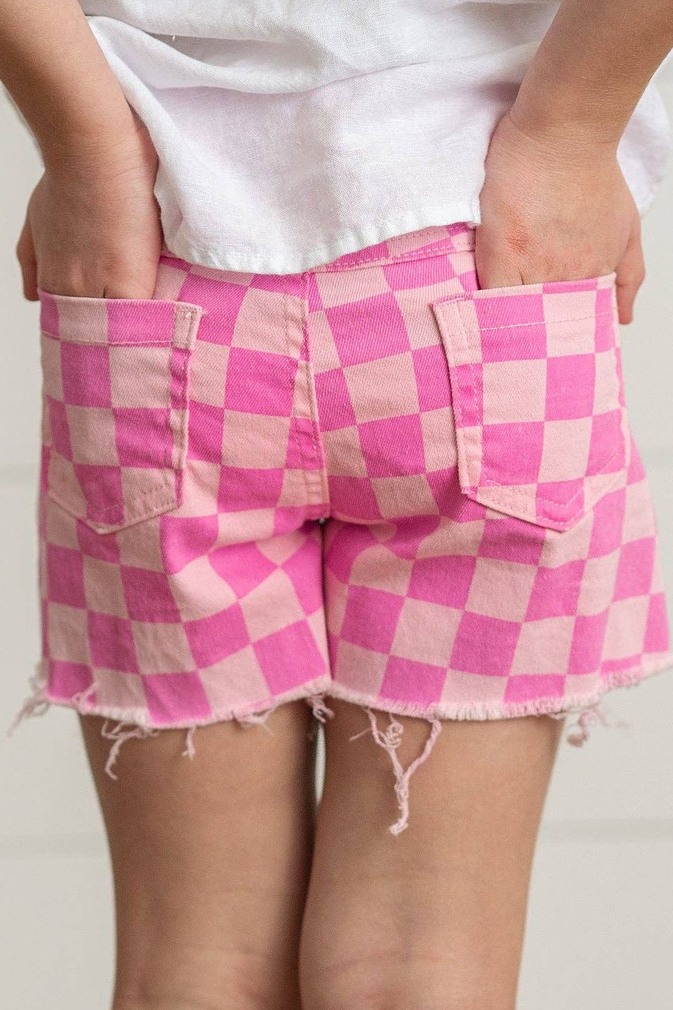 Kids Pink Checkered Denim Summer Shorts