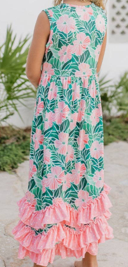 Girls 3 Tiered Pink Green Tropical Spring Ruffles Dress
