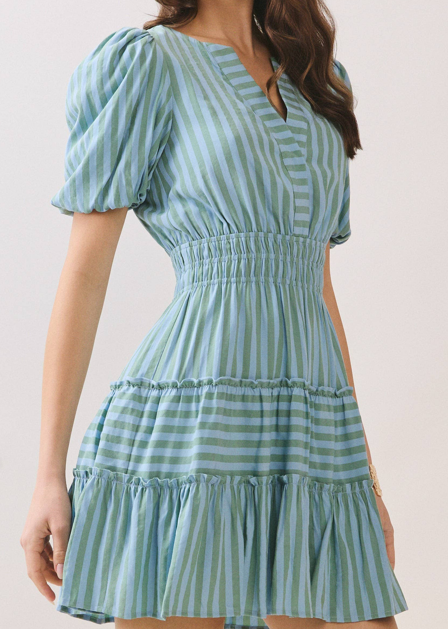 Striped Flattering V Slit Neck Bubble Sleeve Dress