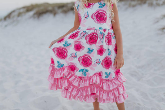 Girls Pink Rose 3 Ruffle Spring Summer Easter Dress