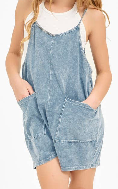 Two Pocket Mineral Wash Overall Romper / Onesie