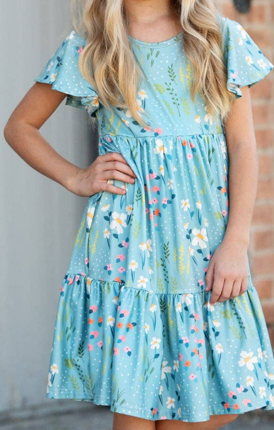 Girls Emma Teal Summer Willow Floral Flutter Sleeve Dress
