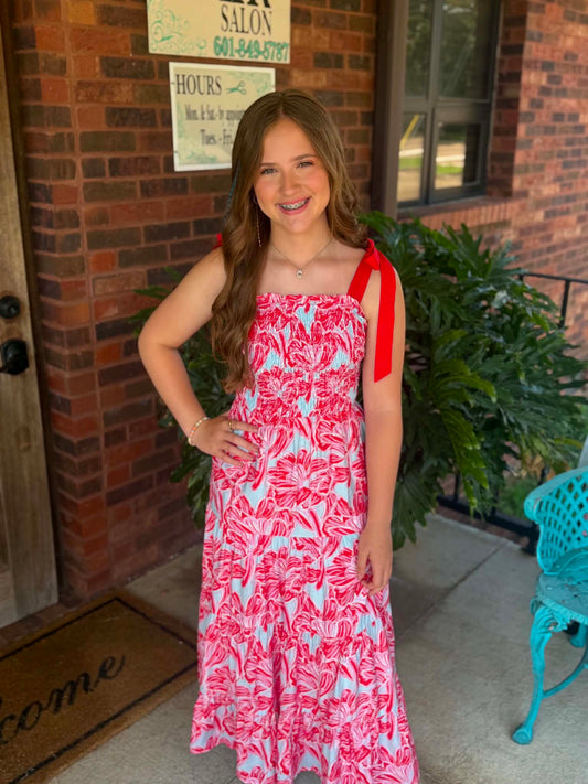 Printed Fully Smocked Bodice Tiered Hem Dress