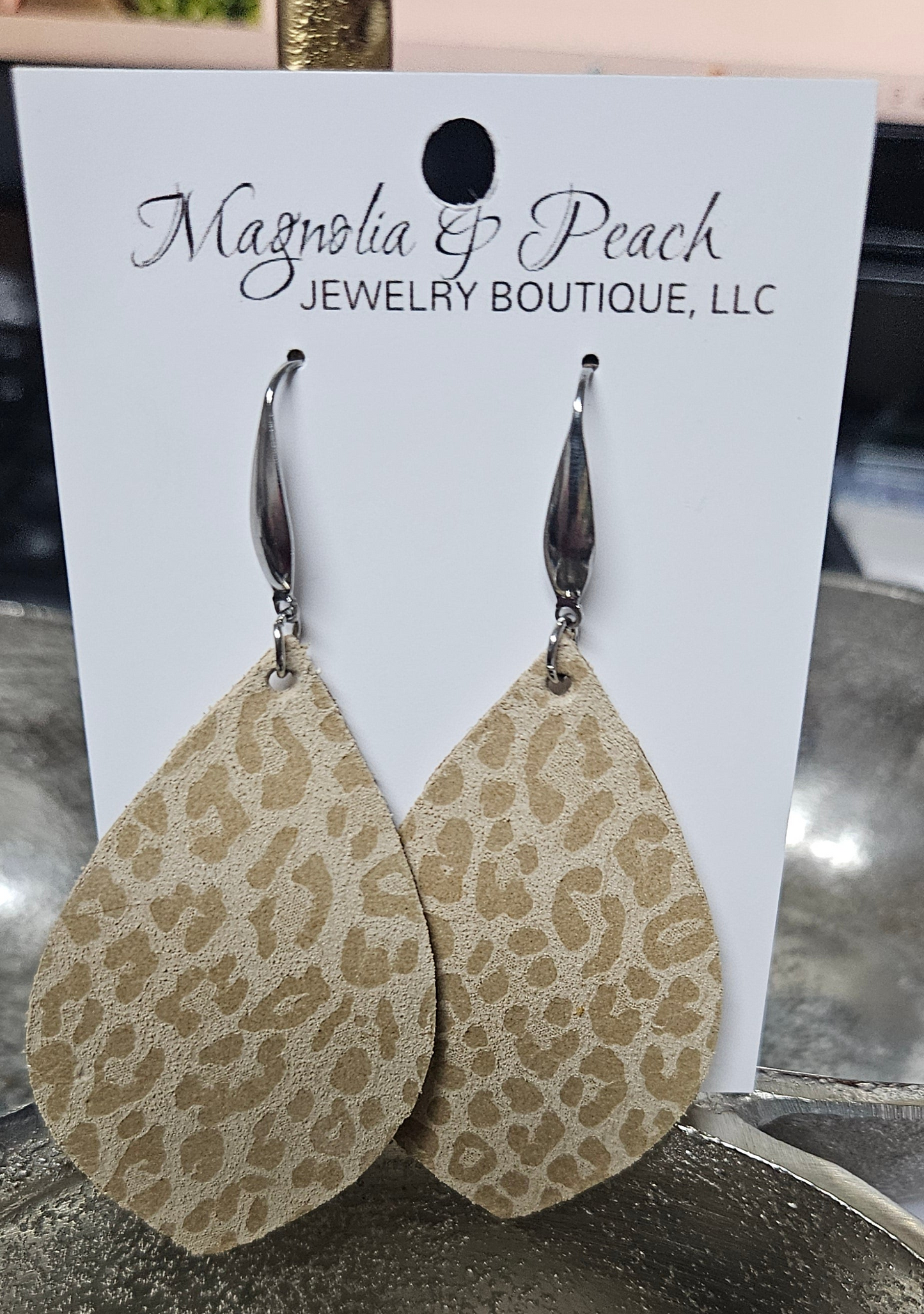 Beige Genuine Leather Earrings