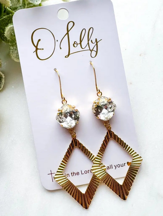 "Marie" Gold Textured Rhombus w\ Clear Stone Earrings