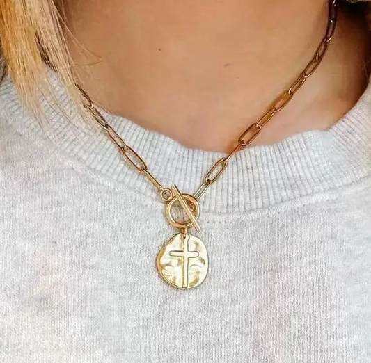 Gold Cross Hammered Metal Chain Toggle Necklace