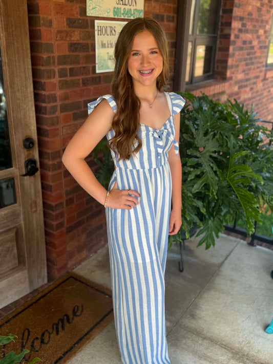 Stripe Cotton Gauze Wide Leg Culotte Jumpsuit