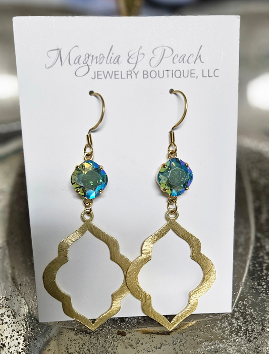 Erinite Shimmer Cushion Cut Crystal Gold Dangle Earrings