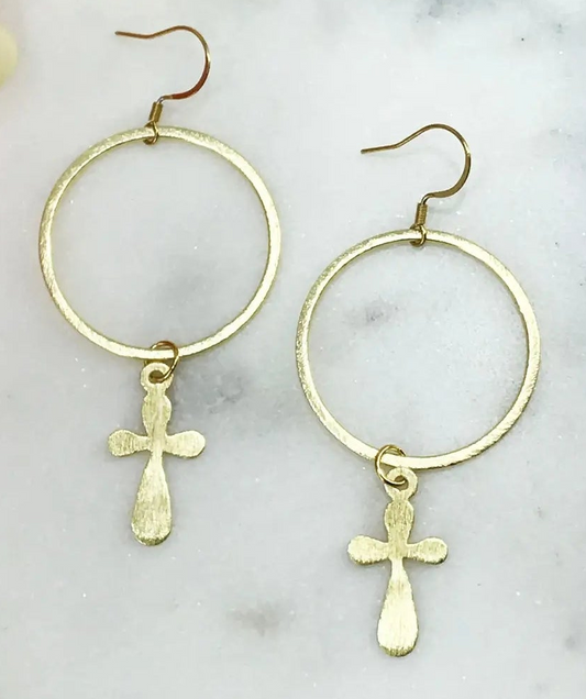 Brushed Gold Hoop & Cross Pendant Earring