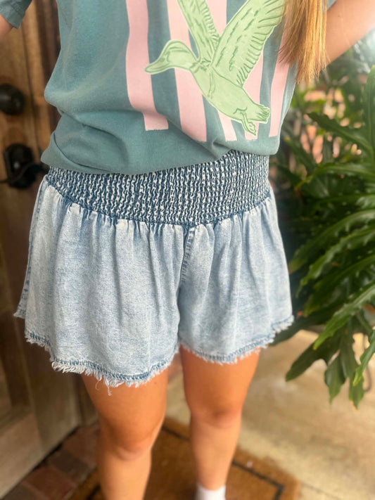 Tencel Denim Smocked Waist Frayed Hem Wide Leg Shorts