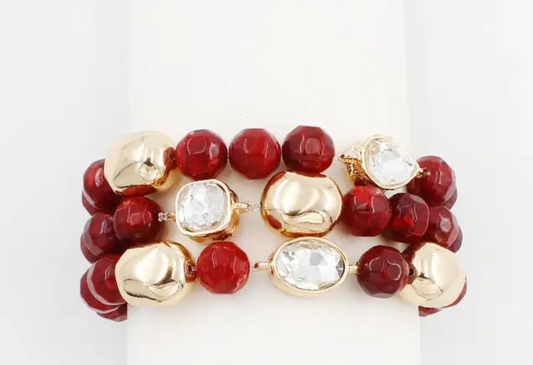 Maroon, cream, & crystal set of 3; natural beaded stretch bracelets