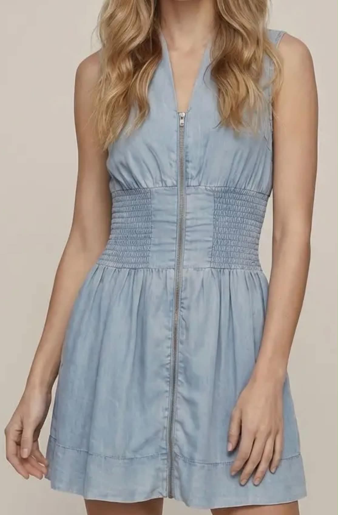 Chambray V-Neck Smocked Waist Zip Front Mini Dress