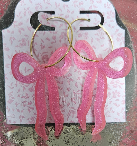 Pink Glitter Bow Drop Earrings