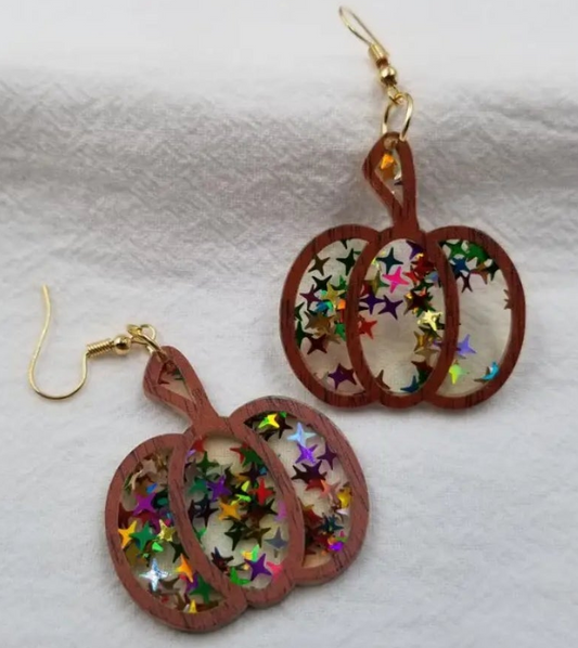 Fall Glittery Stars Pumpkin Earrings