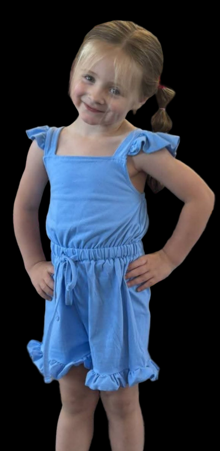 Girl's Ruffle Romper- Ocean Blue Tied Waist